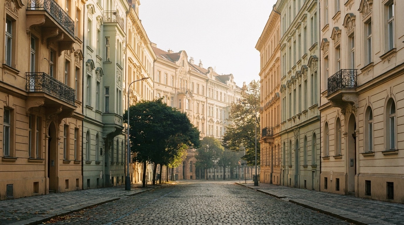 Art Nouveau façades of a residential street in Prague's Vinohrady at golden hour